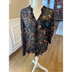 Kut From The Kloth Sheer Button Down Blouse Top Small Black Floral Roll Sleeve